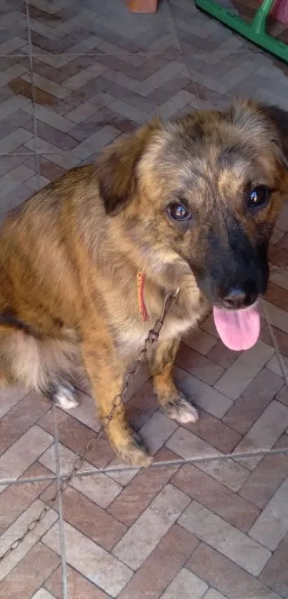 Adorable brown dog sitting on a tiled floor.