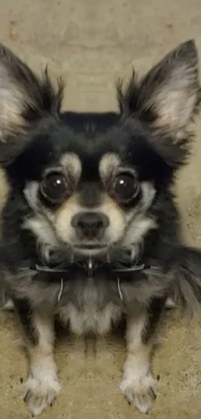 Close-up of a cute dog with perked ears and big eyes.