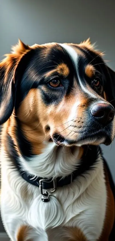 Close-up portrait of a cute dog with brown eyes and shiny fur.