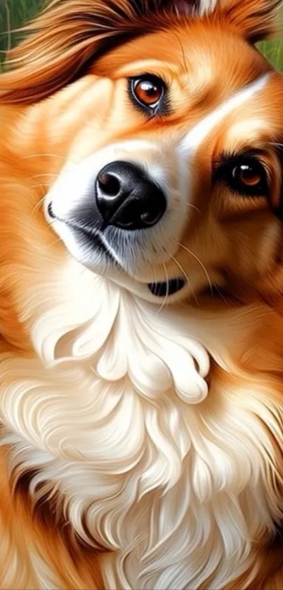Fluffy brown and white dog posing adorably.