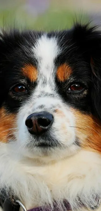 Close-up of a fluffy dog's face with a soft, blurred background.