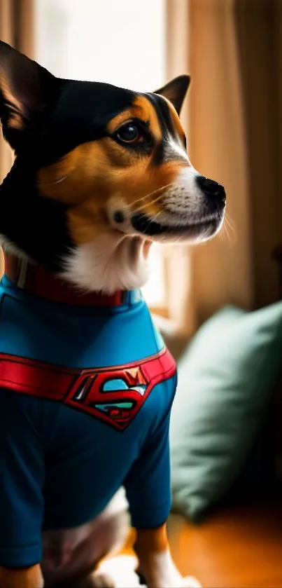 Cute dog in a blue superhero costume sitting in a cozy room.