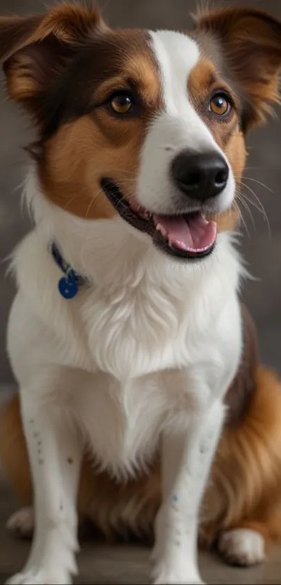 Adorable brown and white dog smiling.
