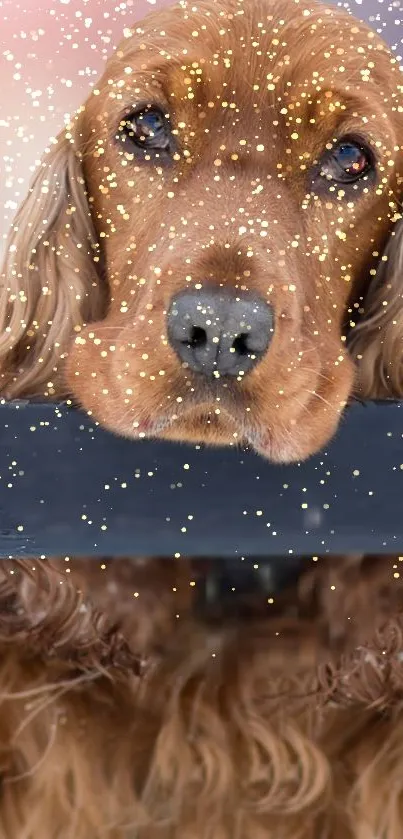 Fluffy brown dog leaning over a fence in a serene winter setting.