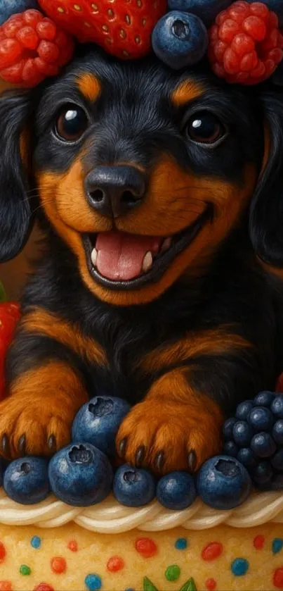 Adorable dachshund puppy with berries and cake in a playful setting.