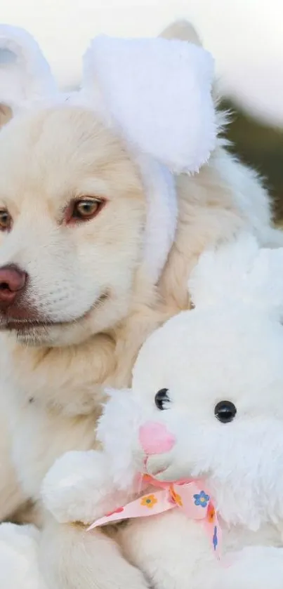 Fluffy dog wearing bunny ears beside a plush toy bunny.