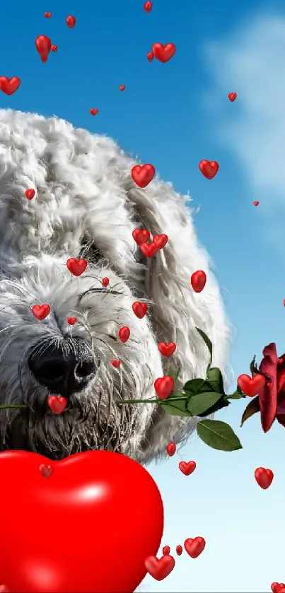 Fluffy dog with red heart and rose in a blue sky.