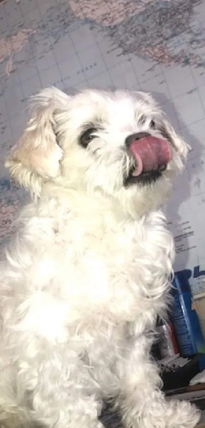 White fluffy dog against a world map backdrop.