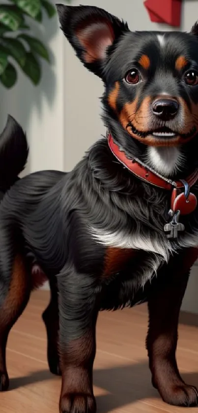 Adorable black dog with red collar in an indoor setting.