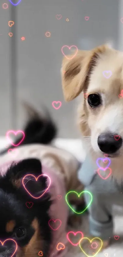 Cute small dogs in sweaters on a soft blanket.