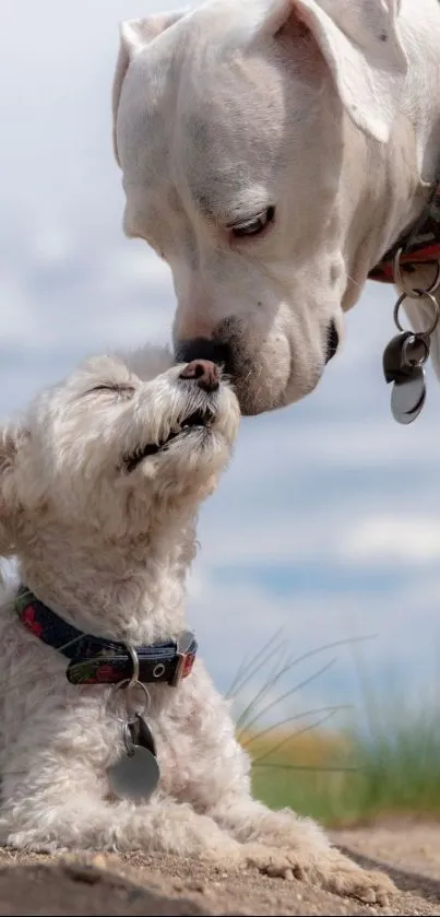 Two adorable dogs enjoying a playful moment in nature.