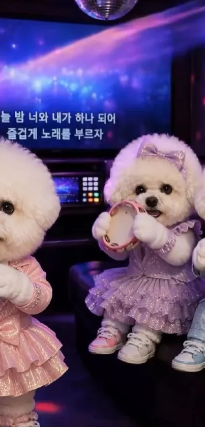 Adorable fluffy dogs in a karaoke room with colorful lighting.