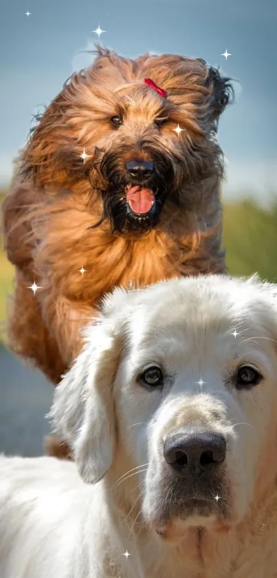 Two fluffy dogs in a scenic outdoor photo wallpaper.