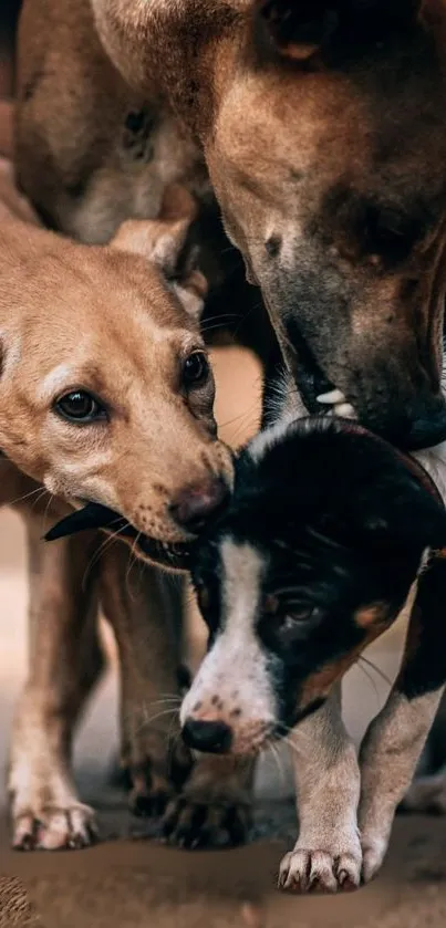 Three adorable dogs bonding closely in a heartwarming moment.