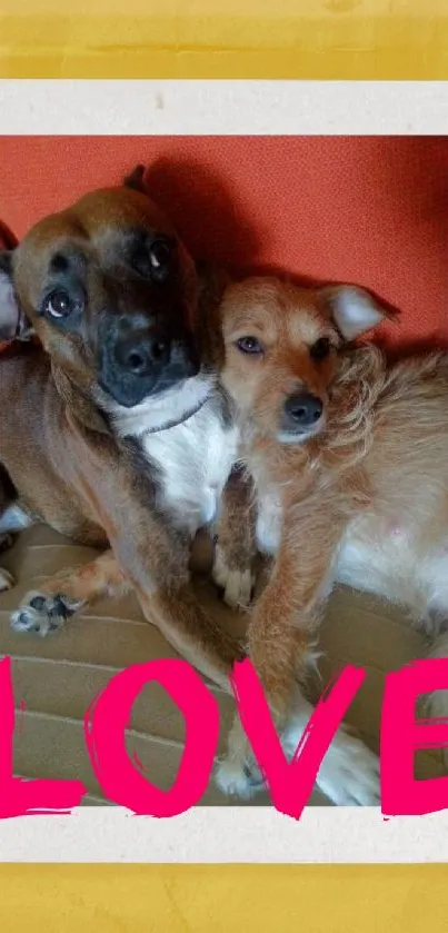 Two snuggly dogs with 'LOVE' text, set against yellow backdrop.