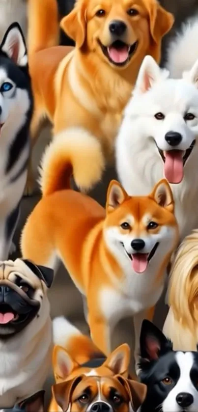 Mobile wallpaper with adorable smiling dogs in vibrant colors.