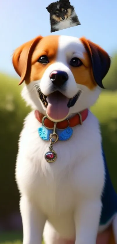 Cute brown and white dog with puppy on its head in green field.