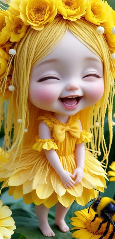 Smiling doll in yellow floral attire with bee, amidst bright flowers.