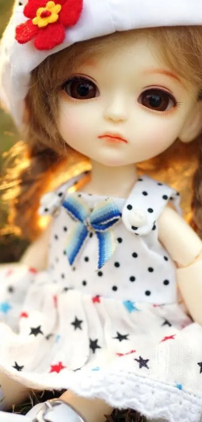 Adorable doll with a polka-dot dress sitting in nature.