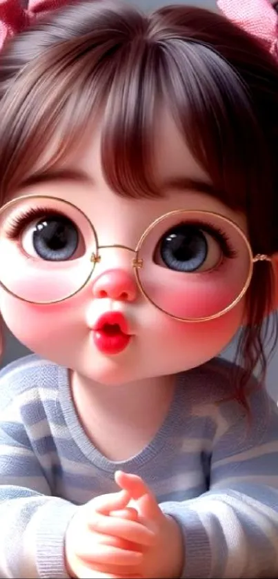 Cute doll-like character with glasses and pink ribbons wallpaper.