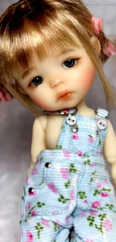 Charming doll with floral overalls on wallpaper.