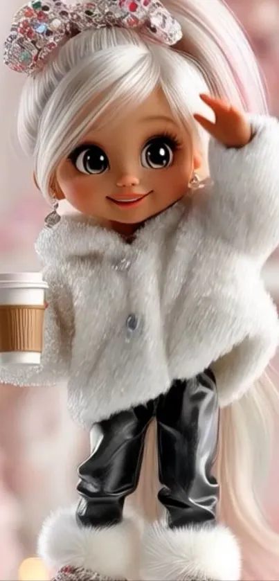Adorable doll holding coffee against pink background.