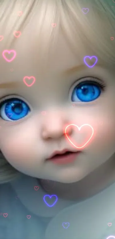 Adorable doll with blue eyes and neon heart accents wallpaper.