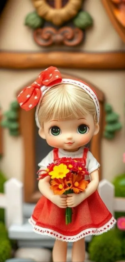 Cute doll with flower bouquet in a garden setting.
