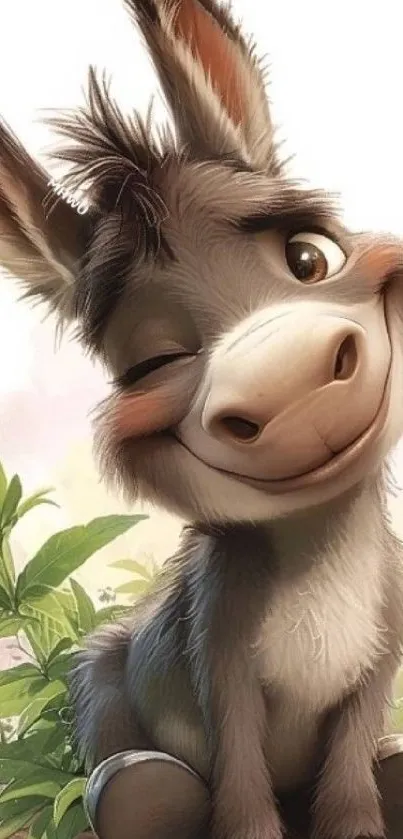 Adorable cartoon donkey winking playfully.
