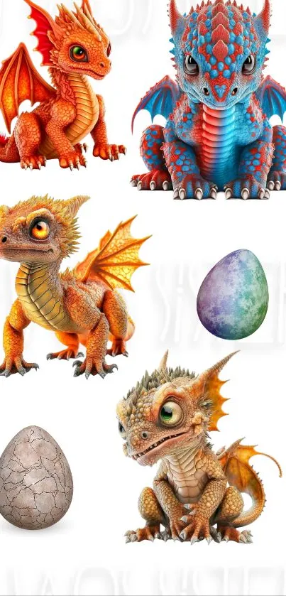 Cute baby dragons with colorful eggs on a white background.