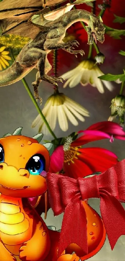Cute dragon and flowers with a red bow in a fantasy setting.