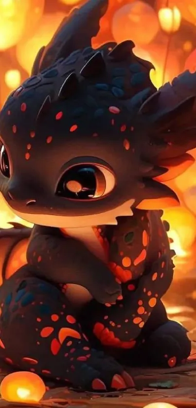 Cute dragon amidst glowing orange lanterns.