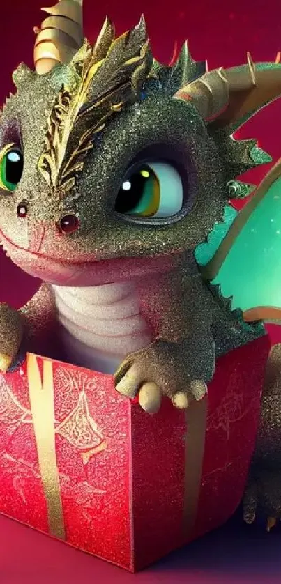 Adorable baby dragon in a gift box with sparkling colors.