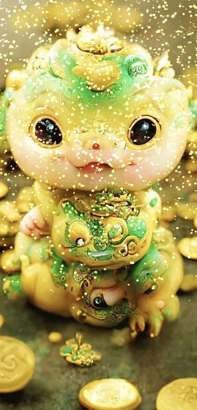 Adorable dragon with gold coins as wallpaper.