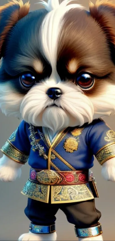 Cute puppy in blue ornate outfit mobile wallpaper.