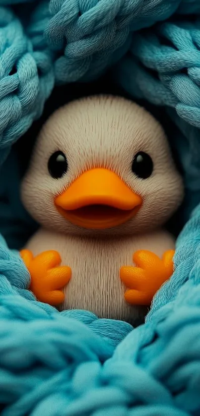 Cute duck toy nestled in a blue knitted blanket.