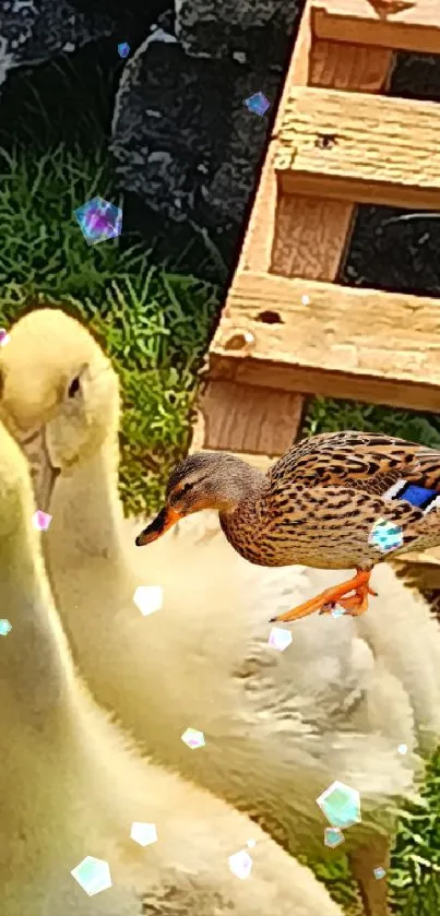 Three fluffy ducklings near a wooden ramp in a grassy area.