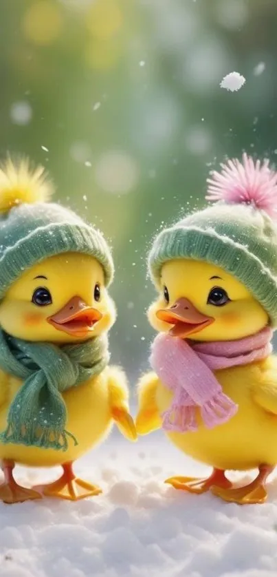 Two cute ducklings wearing hats in a snowy landscape.