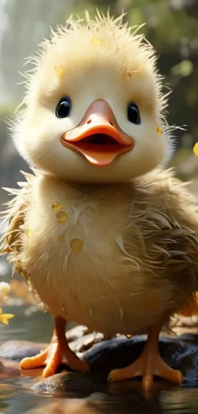 Adorable yellow duckling with flowers on a sunny day.