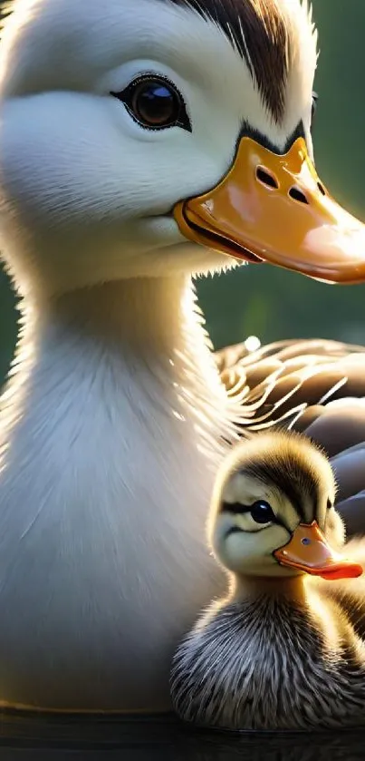 Mobile wallpaper of a mother duck with her adorable duckling.