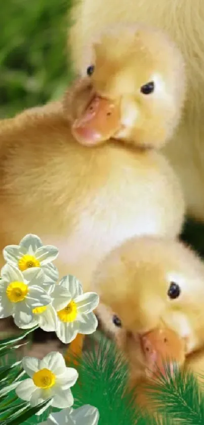 Cute ducklings and daffodils mobile wallpaper in spring colors.