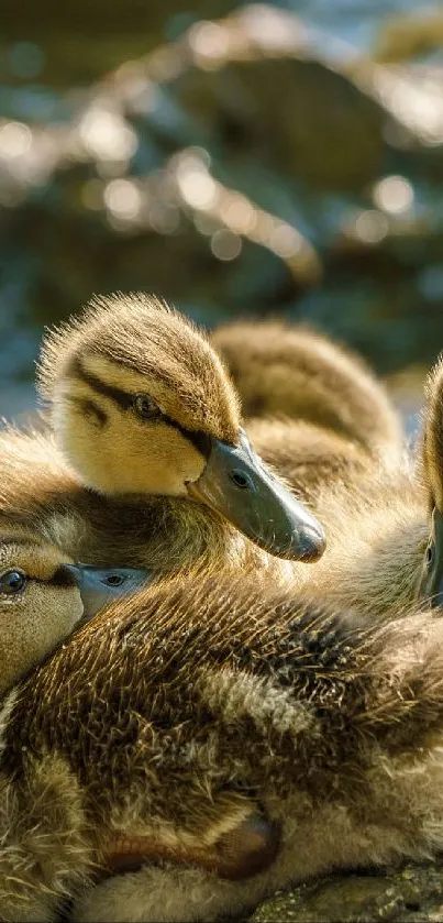 Adorable group of ducklings relaxing by a serene river.