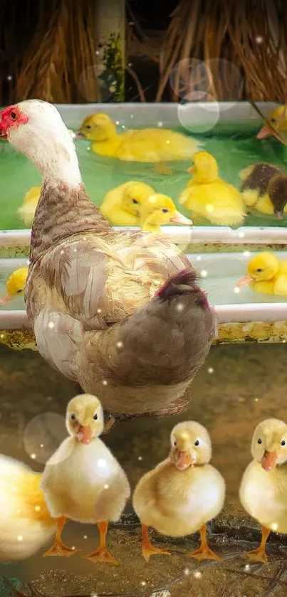 Duck with ducklings in pond wallpaper.