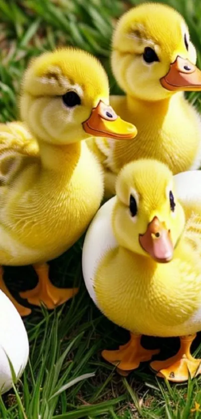Three fuzzy ducklings on green grass with eggs.