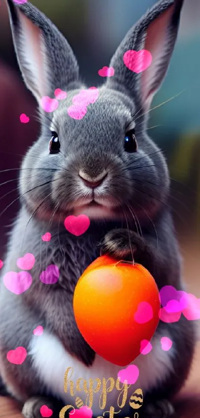 Cute Easter bunny with orange egg on mobile wallpaper.