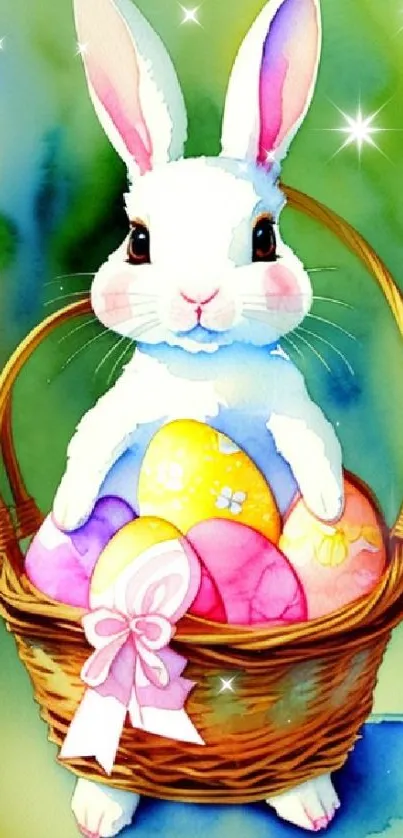 Cute Easter bunny with colorful eggs in basket on green background.