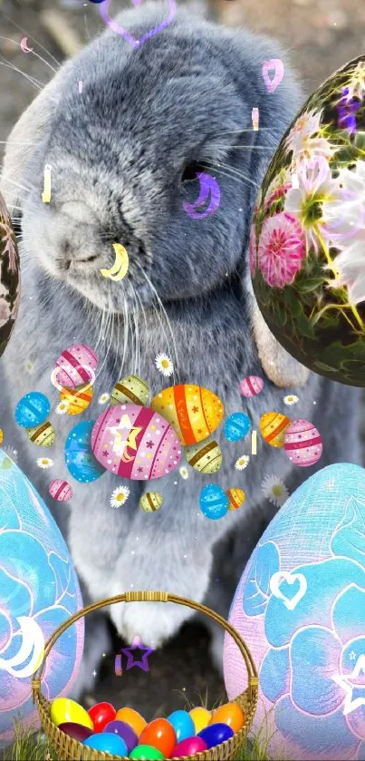 Adorable Easter bunny with colorful eggs and flowers.