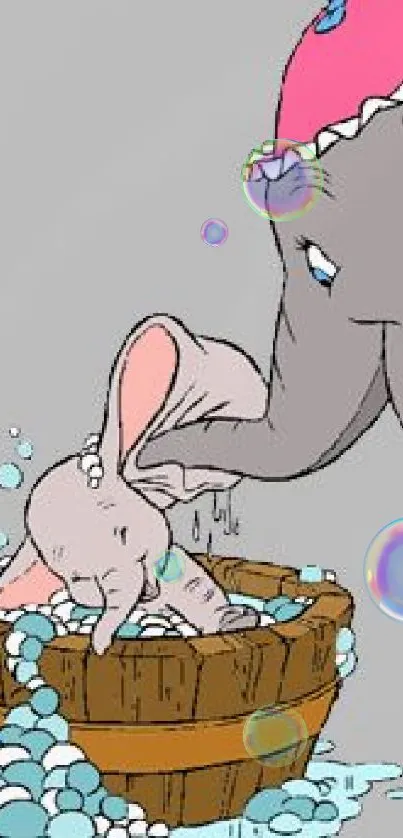 Two elephants cartoon bathing scene with bubbles in a wooden tub.