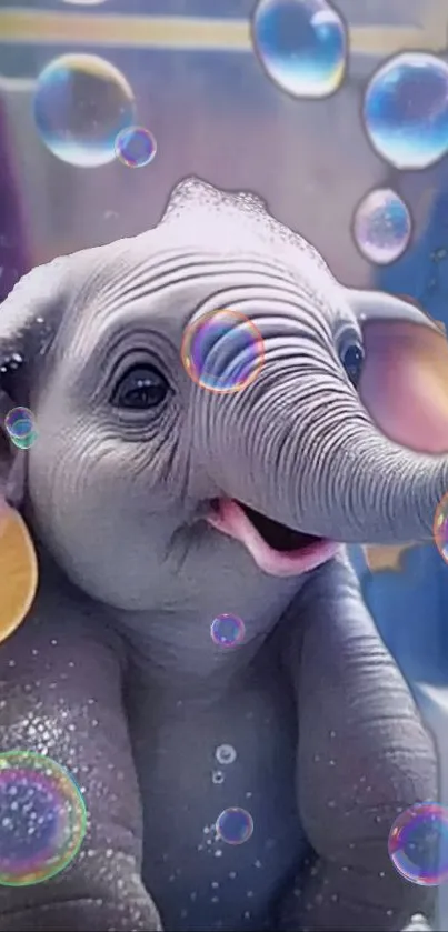 Cute baby elephant surrounded by bubbles in a blue-themed wallpaper.