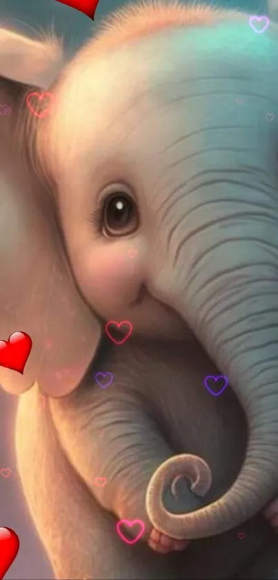 Adorable cartoon baby elephant with floating red and purple hearts.